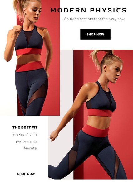 A split-screen, 3:4 ratio ad creative featuring a model in athletic leggings and a sports bra, focusing on fit and performance.
